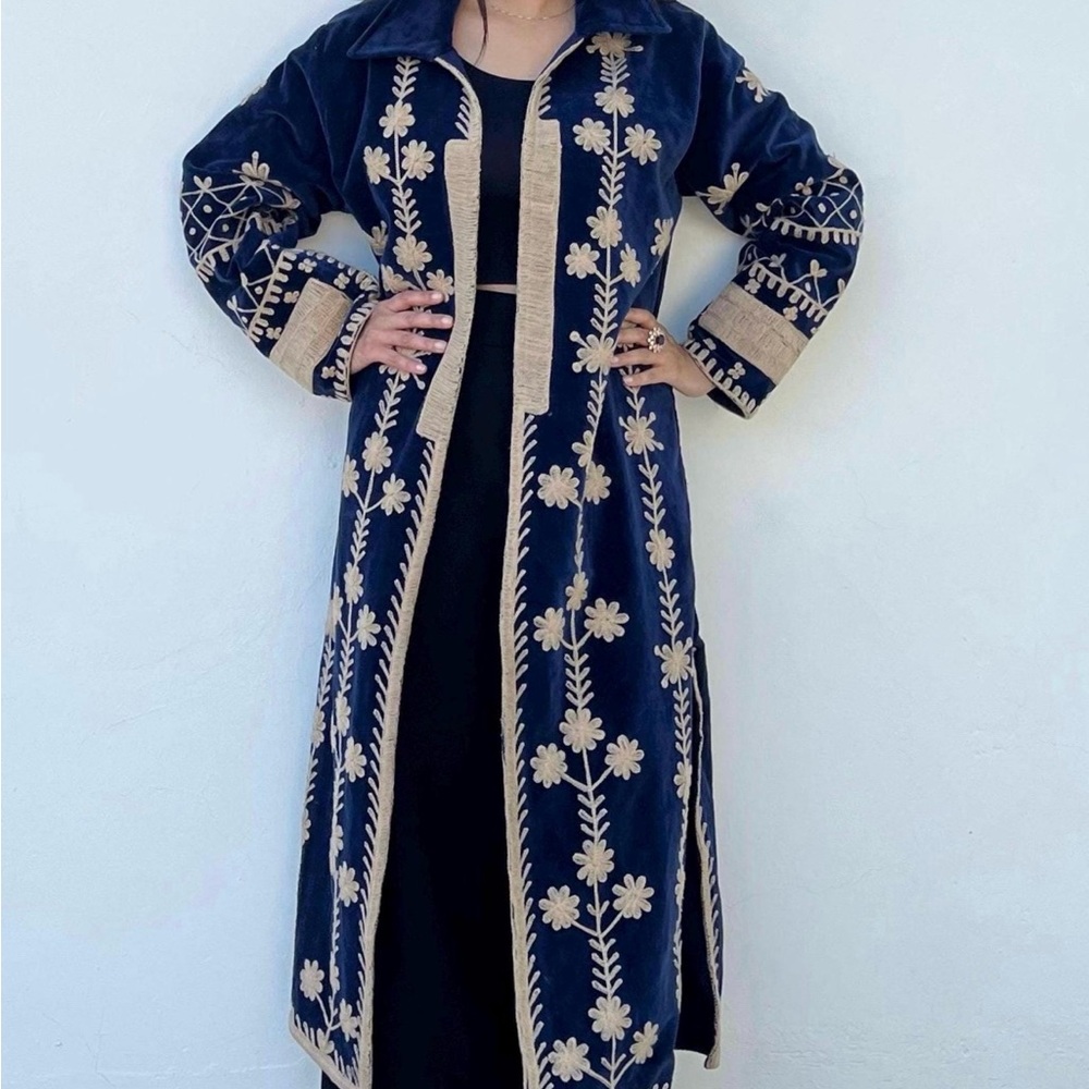 Navy Blue Embroidered Long Coat - Picture 2 of 3